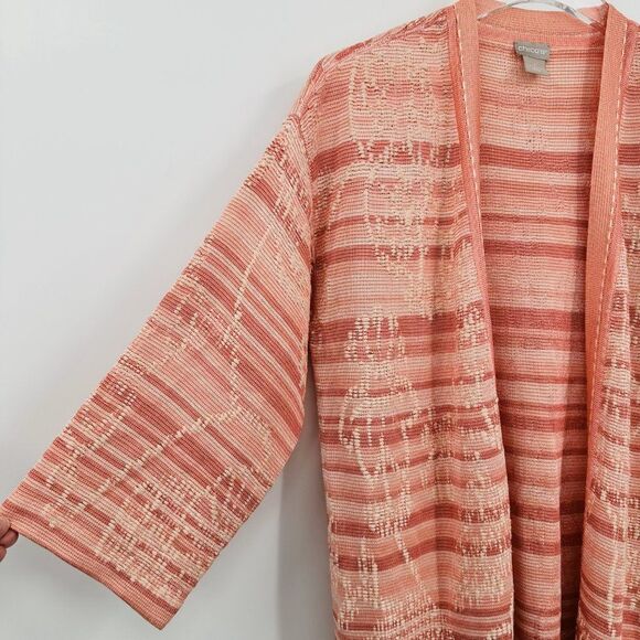 Chico's Size 1 Medium Pink Striped Open Front Embroidered Cardigan Sweater - Picture 6 of 8